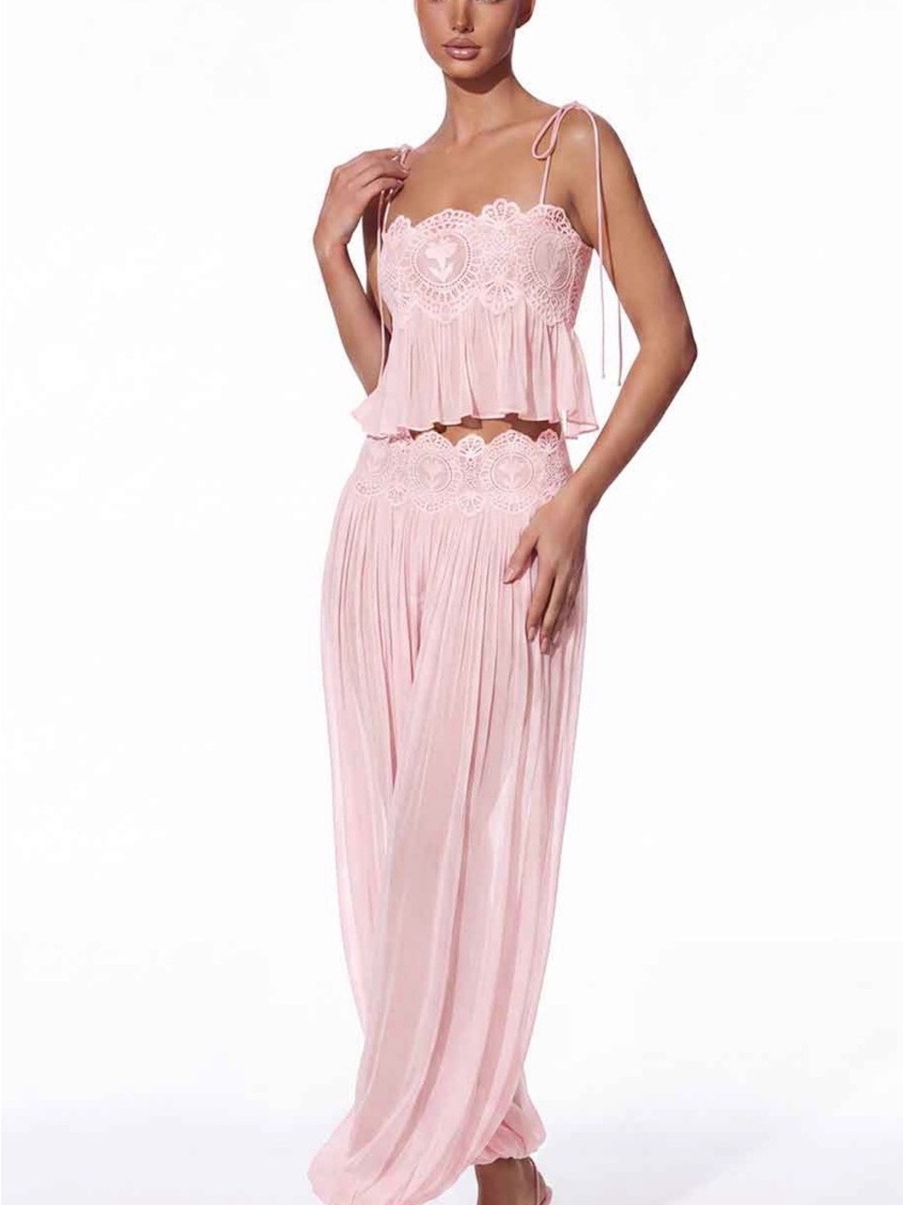 Lace-Trim Pink Two-Piece Pleated Pants Set